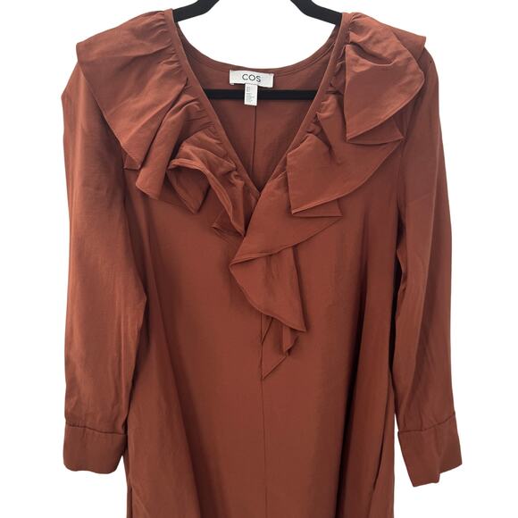 COS Allmira Dress Ruffled V-neckline Maxi Women's Size 4 Brown Fall - Picture 7 of 13